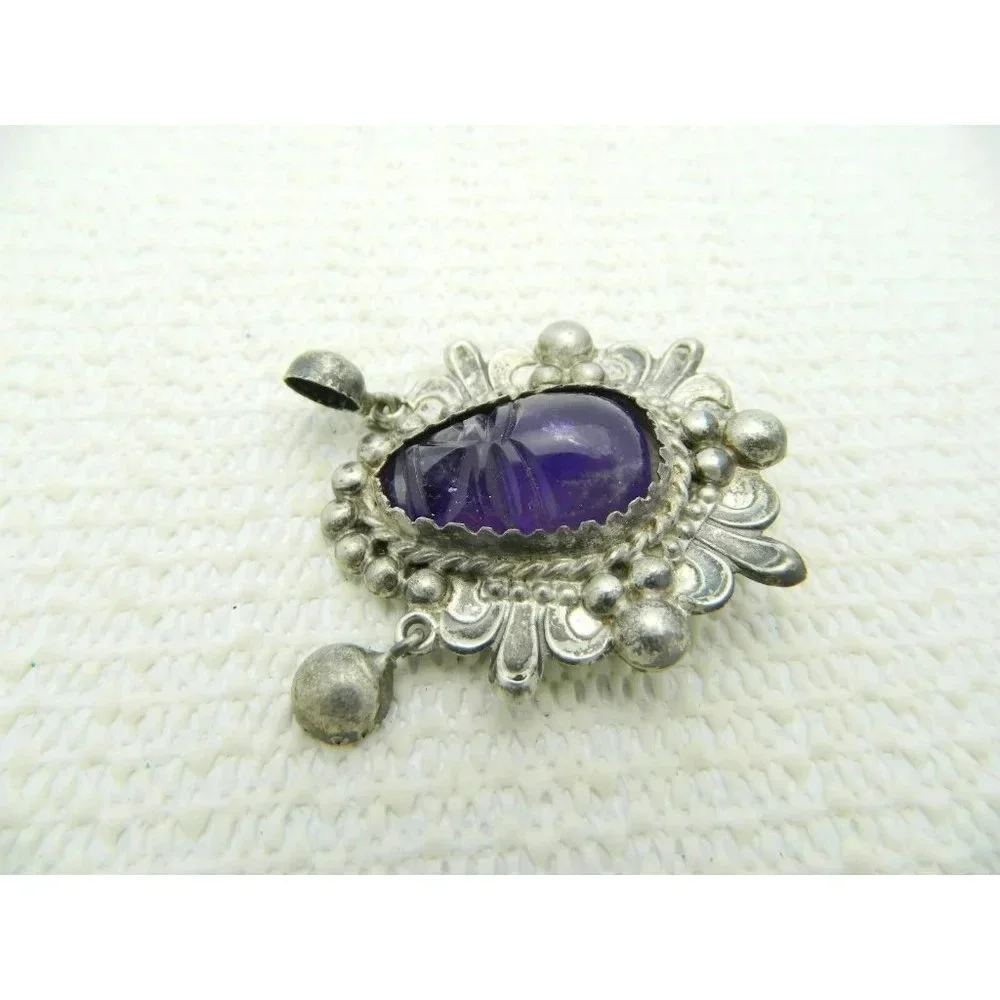 VTG MEXICAN STERLING Glass Purple Amethyst Carved Mask Dangle Pin Brooch